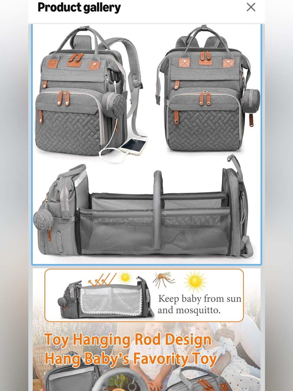 Gray Convertible Baby Diaper Bag Backpack with Portable Bassinet